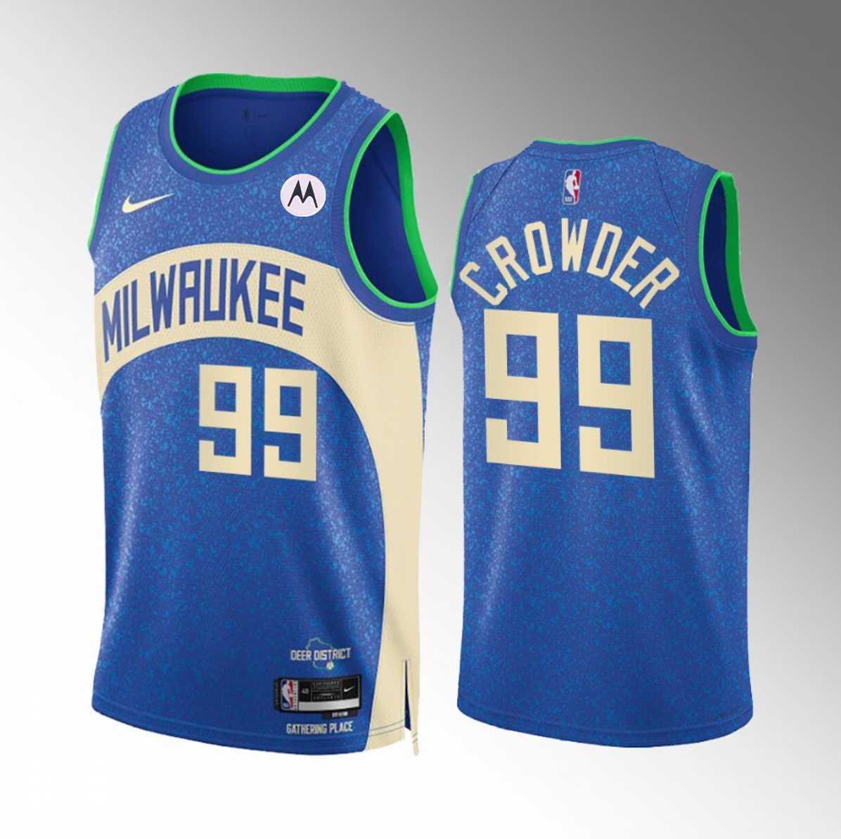 Men's Milwaukee Bucks #99 Jae Crowder Blue 2023-24 City Edition Stitched Basketball Jersey Dzhi